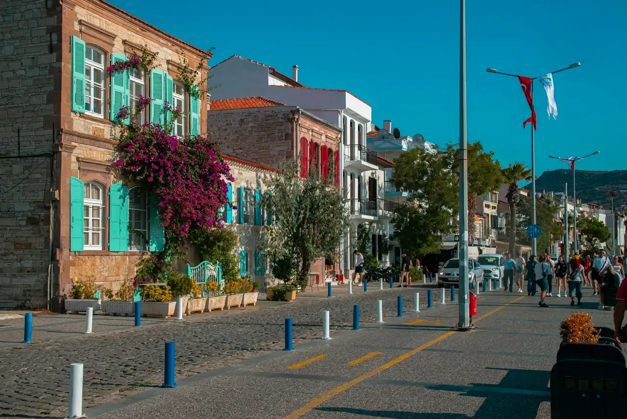 historical houses with wooden shutters in foca turkey